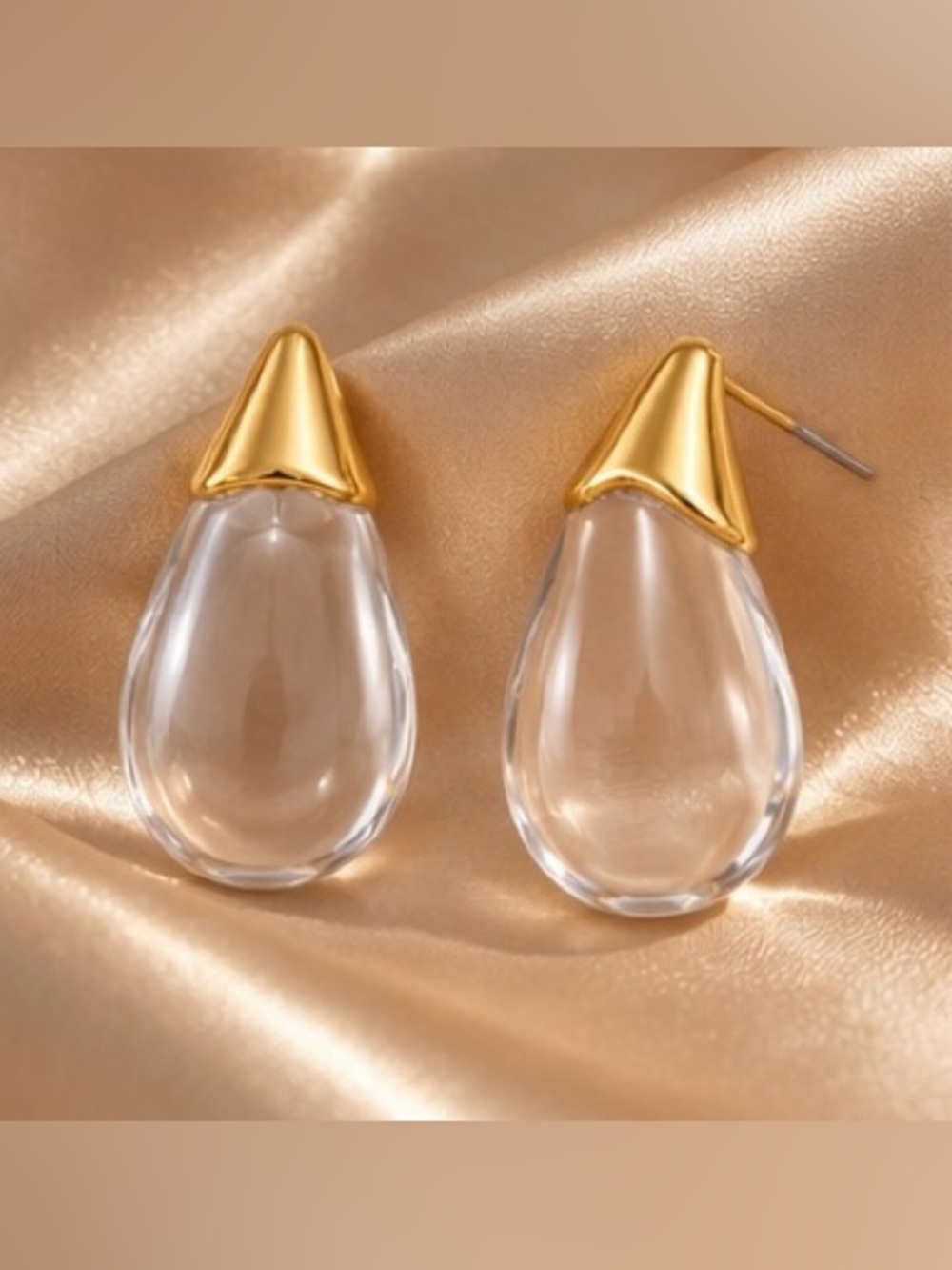 Gold Tone Clear Teardrop Statement Earrings Elegant Minimalist Drop Earrings